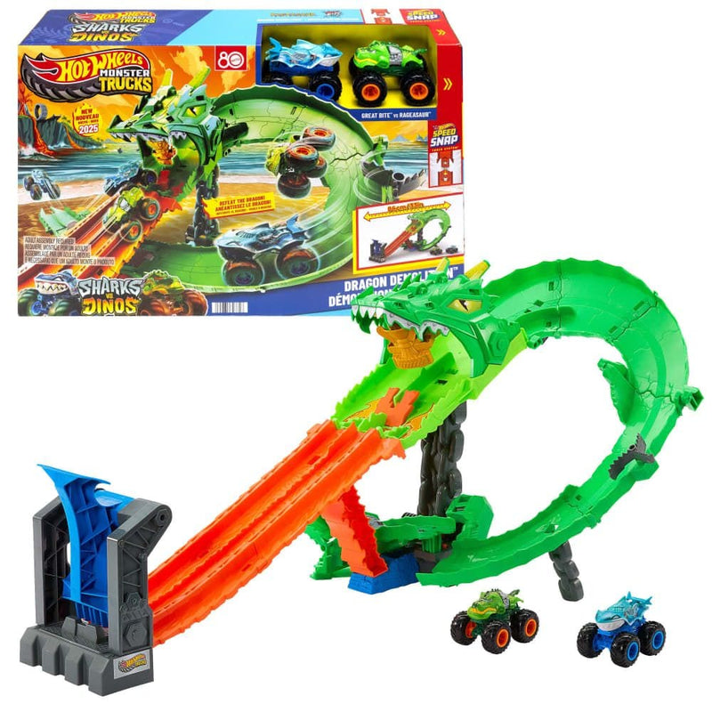 Hot Wheels Sharks vs. Dinos Dragon Destruction Playset with 2 1:64 Hot Wheels Monster Trucks L5