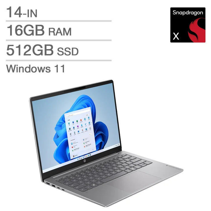 HP OmniBook 3 Next Gen AI Copilot+ PC 14-in Laptop, Snapdragon X X1-26-100 - 16GB RAM, 512GB SSD, Qualcomm Adreno R9