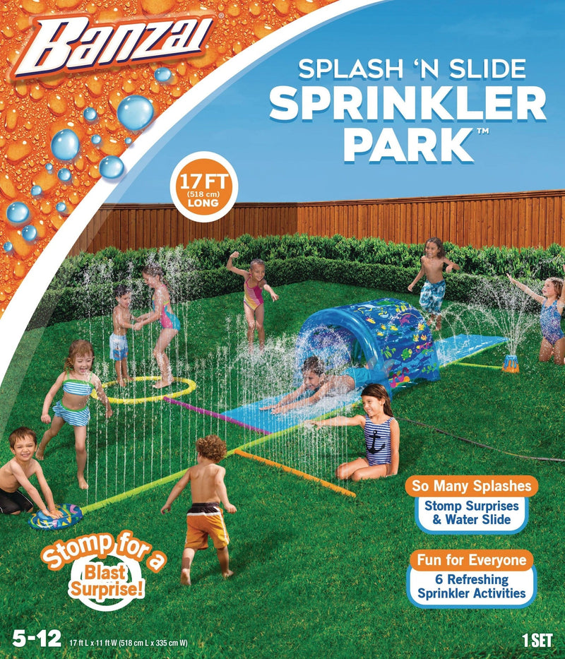 Inflatable Splash ‘N Slide Water Sprinkler Park, Blue, 17-ft, Ages 5+, for Beach/Pool Fun Activities O0