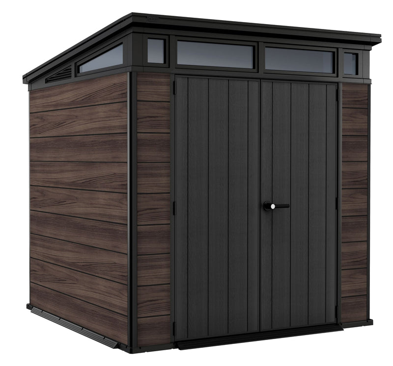 Keter Pent Durable DecoCoat Lockable 2-Door Resin Outdoor Storage Shed with Windows, Brown, 7-ft x 7-ft F3