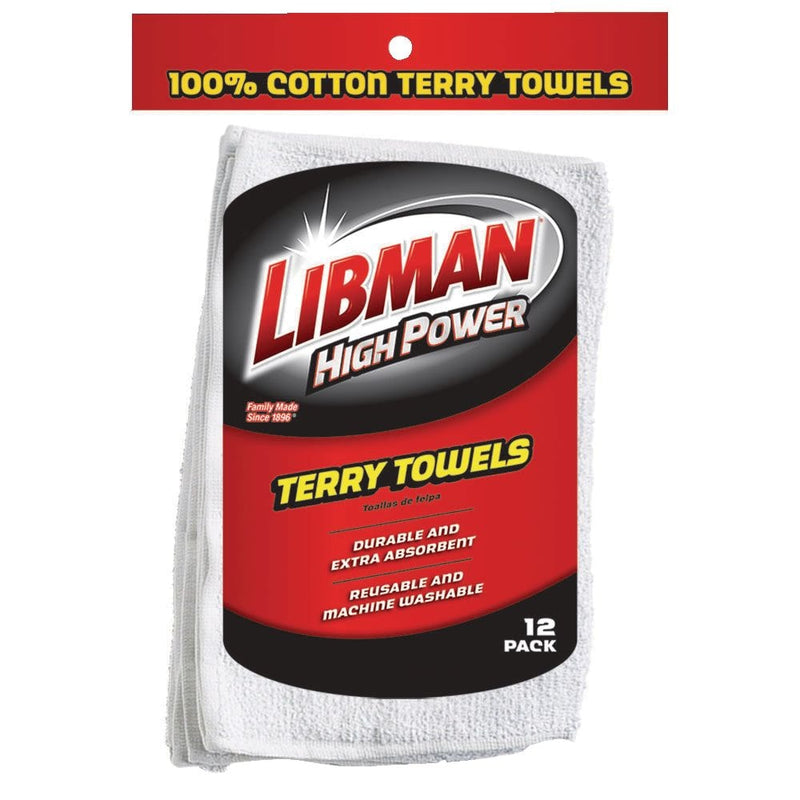 Libman Heavy Duty All-Purpose Machine Washable 100% Cotton Terry Towels, White, 12-pk L8