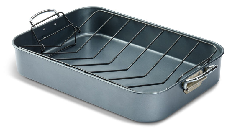 Master Chef Heavy-Duty Grey Non-Stick Roaster with Handle and Rack, 17-in E4