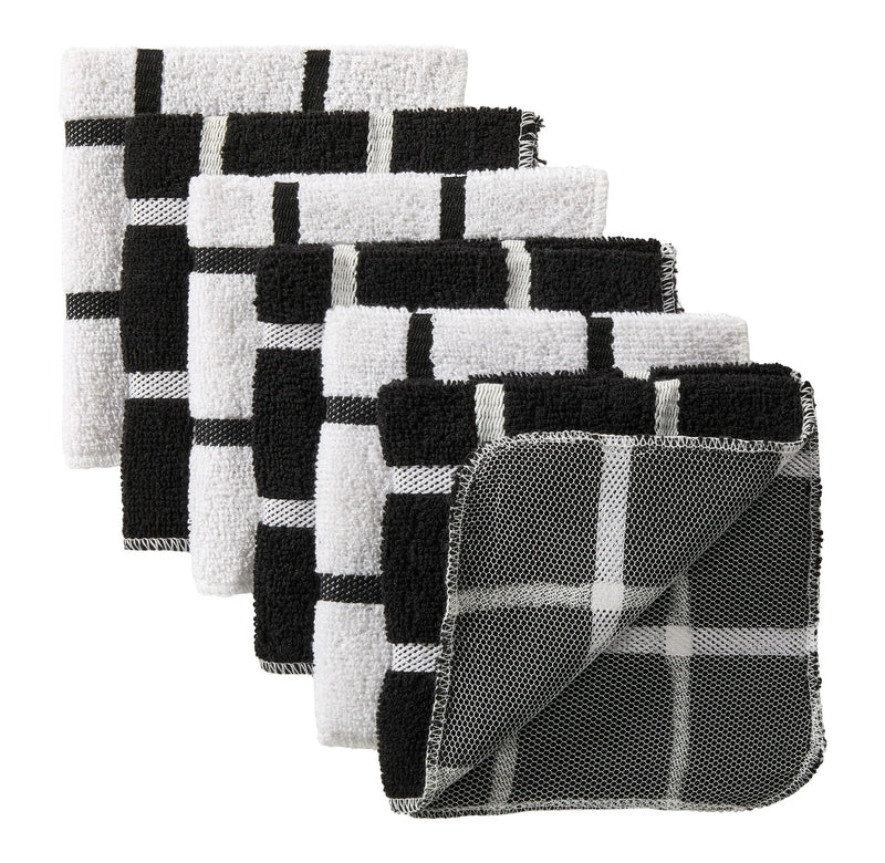 Master Chef Terry Checkered Dish Cloths with Scrubber, Black, 6-pk T7