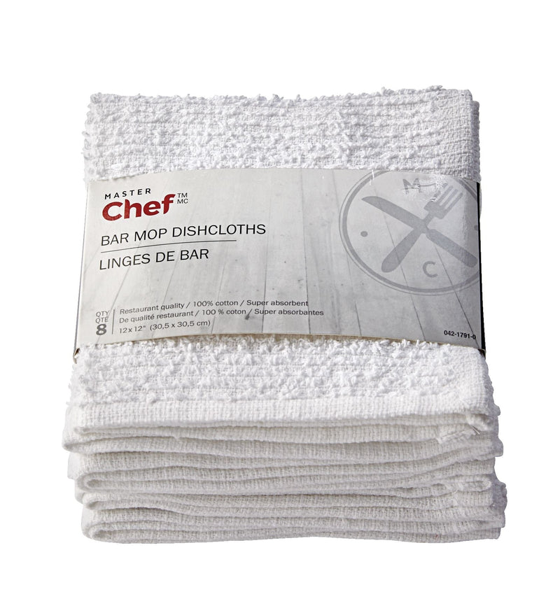 MASTER Chef Terry Cotton Bar Mop Dishcloths, Reusable, 12-in x 12-in, 8-pk, White A7