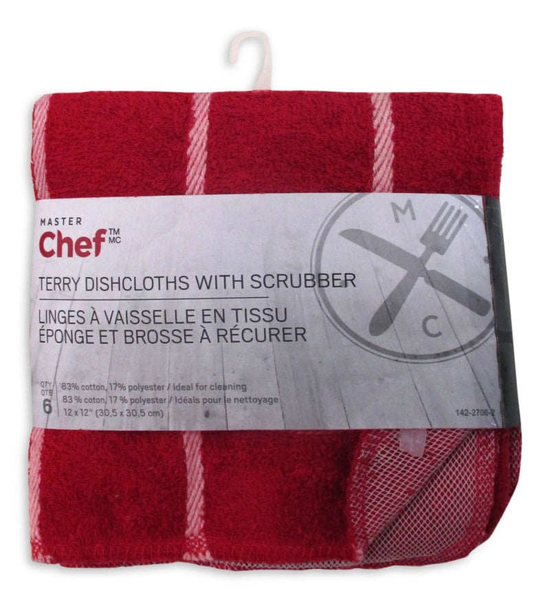 MASTER Chef Terry Cotton Checkered Dishcloths, 12-in x 12-in, Red, with Scrubber, 6-pk O6