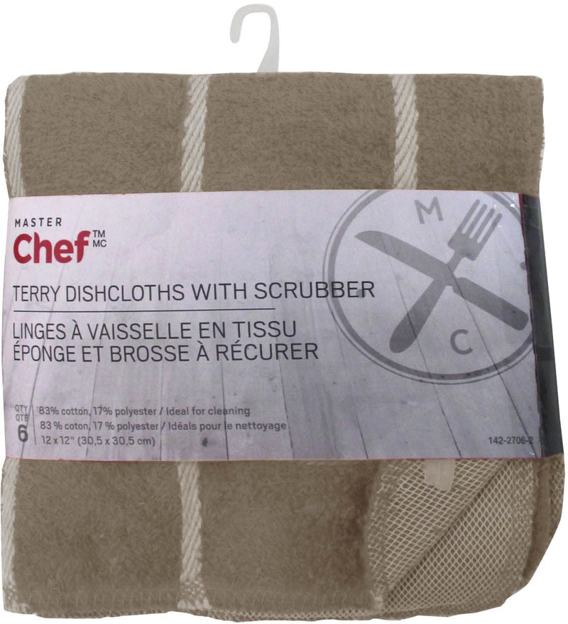 MASTER Chef Terry Cotton Checkered Dishcloths with Scrubber, 12-in x 12-in, 6-pk, Brown S4