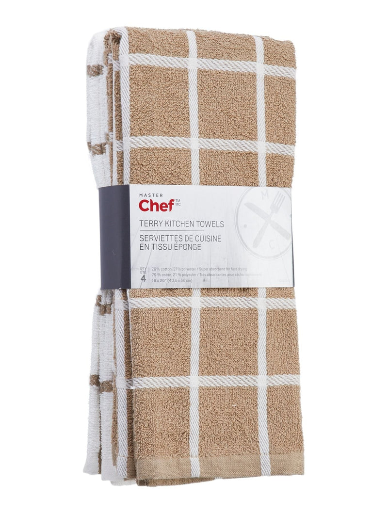 MASTER Chef Terry Cotton Checkered Kitchen Towels, Reusable, 16-in x 26-in, 4-pk, Brown/White Y9