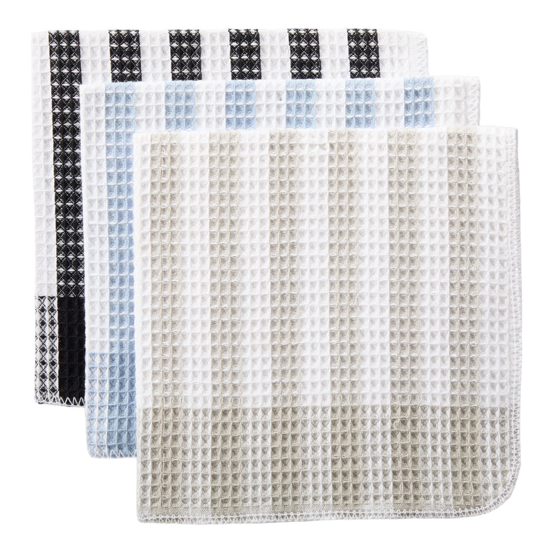 Master Chef Waffle Checkered Cotton Dish Cloths, Black, Grey & Blue, 14-in, 12-pk W0