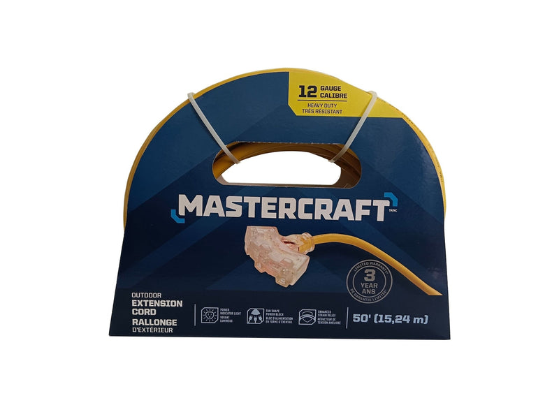 Mastercraft 12/3 Yellow Outdoor Extension Cord with 3 Grounded Outlets and Lighted End D1