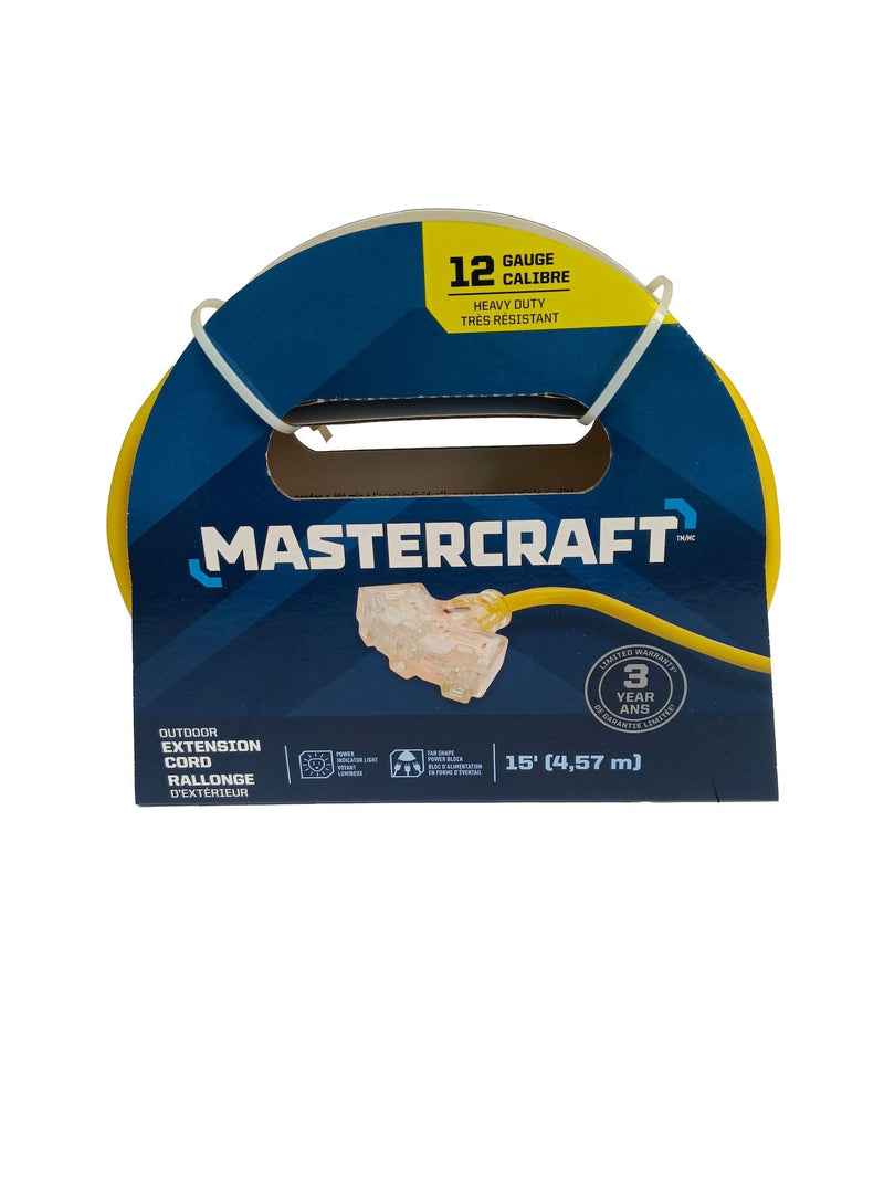 Mastercraft 15-ft 12/3 Outdoor Extension Cord with 3 Grounded Outlets and Lighted End, Yellow A8