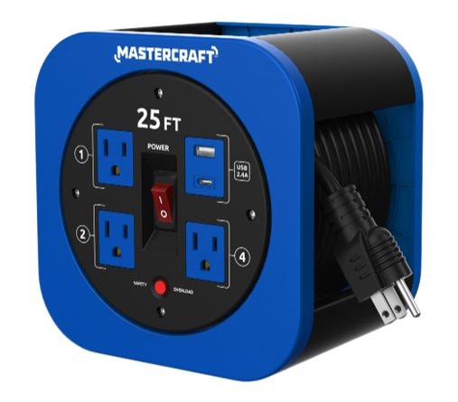 Mastercraft 25-ft 13A 3-Outlet/1 USB-A and 1 USB-C Extension Cord Reel E6