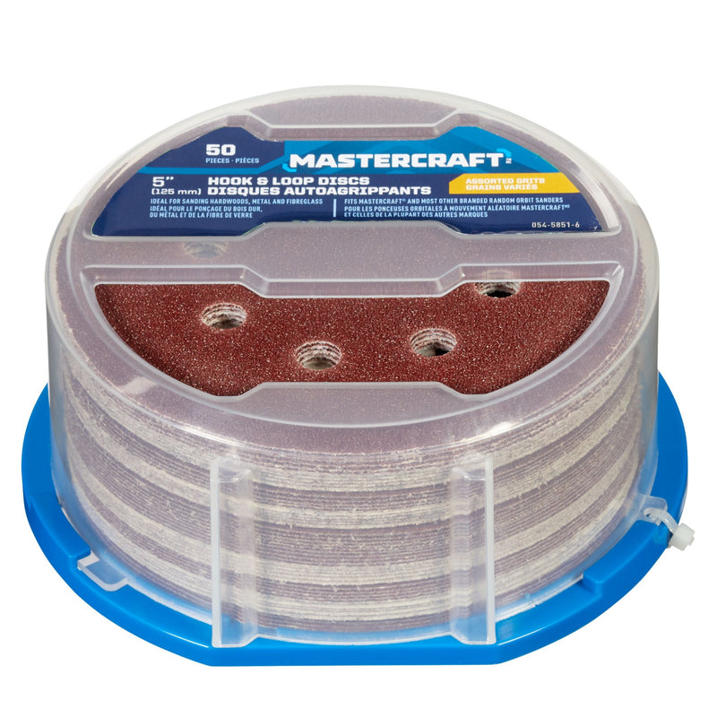 Mastercraft 5-in Assorted Grit Hook & Loop Aluminum Oxide 8-Hole Sanding Disc Set for Wood, Metal, 50-pc K4