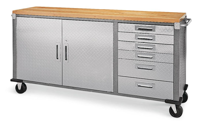 Mastercraft 72" Diamond Series 2-Door, 6-Drawer Wooden Top Work Station with Wheels, 72 x 21-5/8 x 37-1/2-in M9