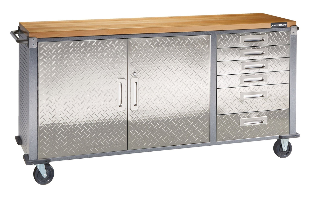 Mastercraft 72" Diamond Series 2-Door, 6-Drawer Wooden Top Work Station with Wheels, 72 x 21-5/8 x 37-1/2-in