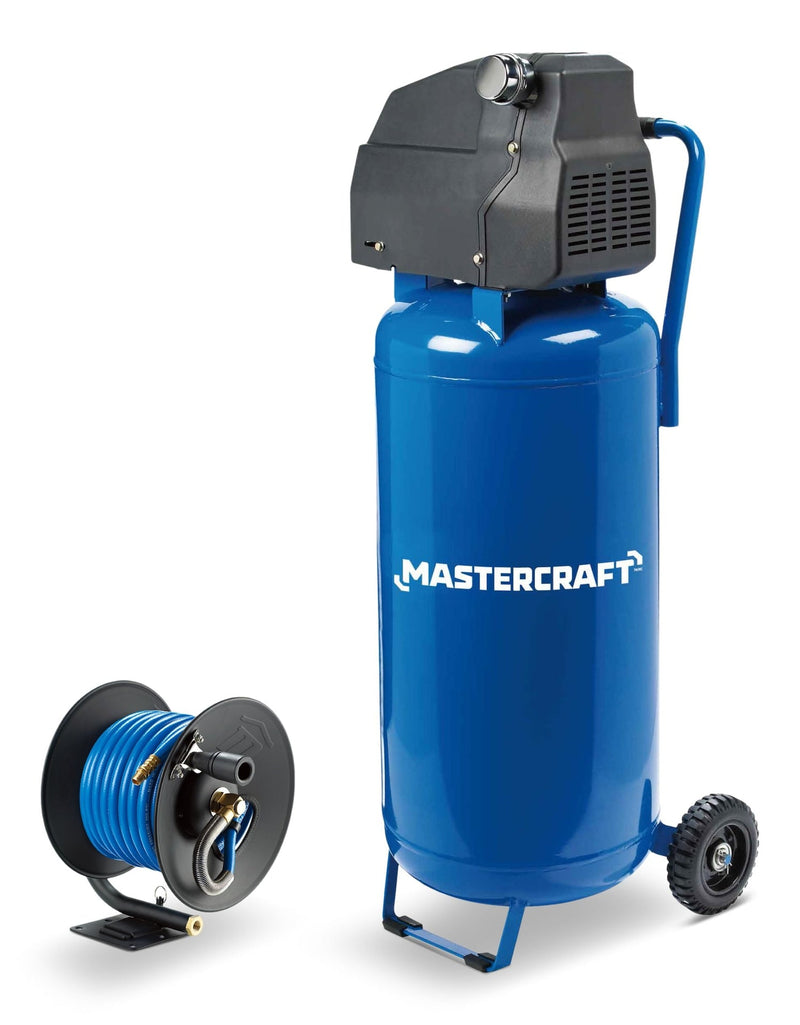 Mastercraft Oil-Free Vertical 20-Gallon Air Compressor with Bonus Hose Reel, 135-PSI, 2HP D9