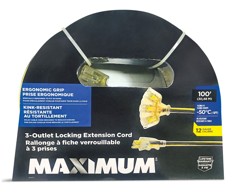 MAXIMUM 100-ft 12/3 Outdoor Extension Cord with 3 Grounded Outlets, Lighted End and Locking Connector, Yellow/Black B4