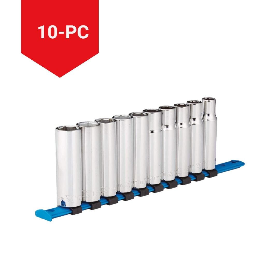 MAXIMUM 1/2-in Drive 6 Pt. Deep Socket Set, Metric, Nickel-Chrome Plating, 10-pc