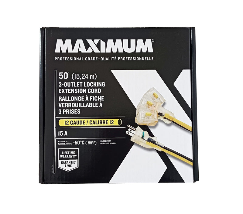 MAXIMUM 3-Outlet Locking Extension Cord, 50-ft, Yellow/Black Q1