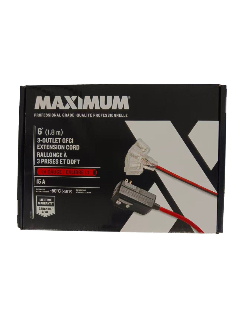 MAXIMUM 6-ft 14/3 Outdoor GFCI Extension Cord with 3 Grounded Outlets, Lighted End, Block/Red I9