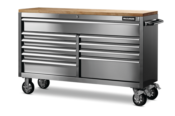 MAXIMUM Butcher Block Top Rolling Tool Storage Cabinet with 10 Drawers, Stainless Steel, 56-in K9