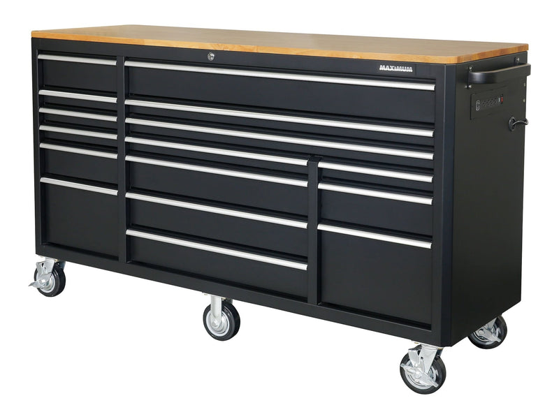 MAXIMUM Tool Cabinet with Wood Top and 4-Outlet Power Strip, Black, 74x24-in T6