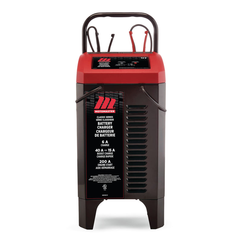 MotoMaster Classic Series Wheeled Smart Battery Charger, Fully Automatic, 40/15/6-Amp, 12V, with 200-Amp Engine Start O4
