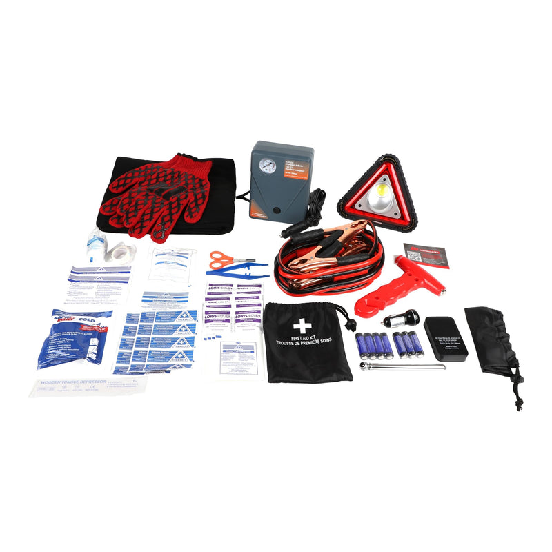 MotoMaster Executive Safety Kit with Booster Cables, Air Compressor & LED Flares Q2