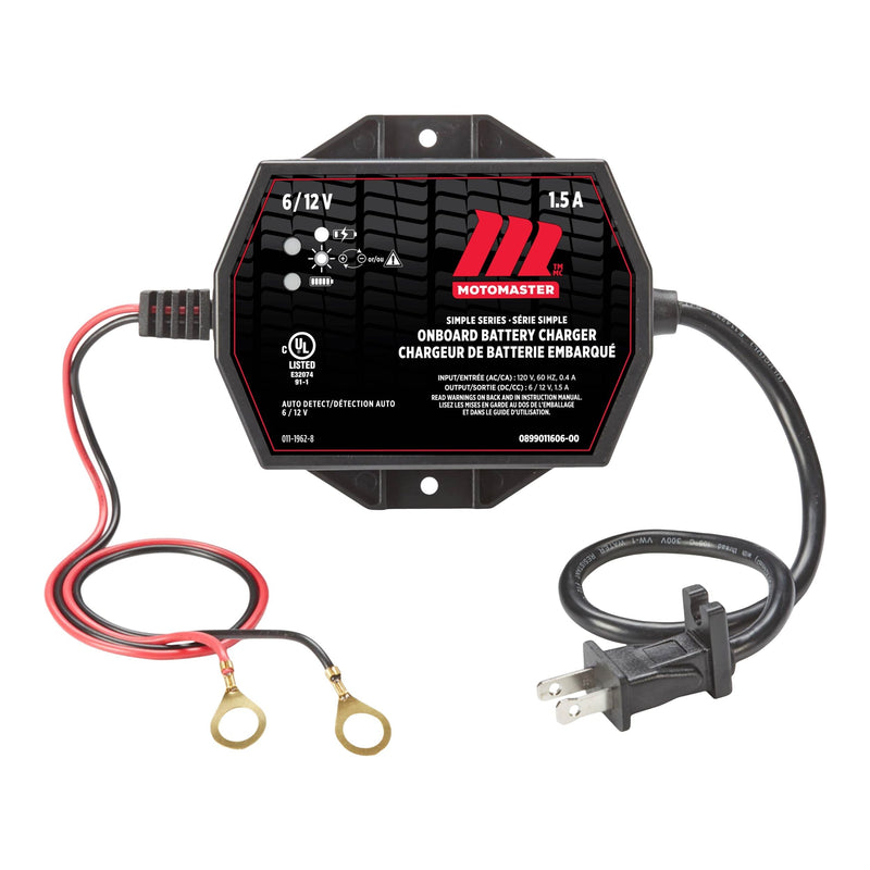 MotoMaster Simple Series Onboard Smart Battery Charger and Maintainer, Fully Automatic, 1.5-Amp, 6V/12V T3