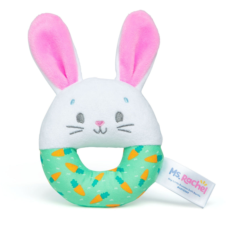 Ms. Rachel, Hop Little Bunnies Soft Rattle Toy, Baby Teething Toys with Plush Bunny Cover, Toddler Toys U6
