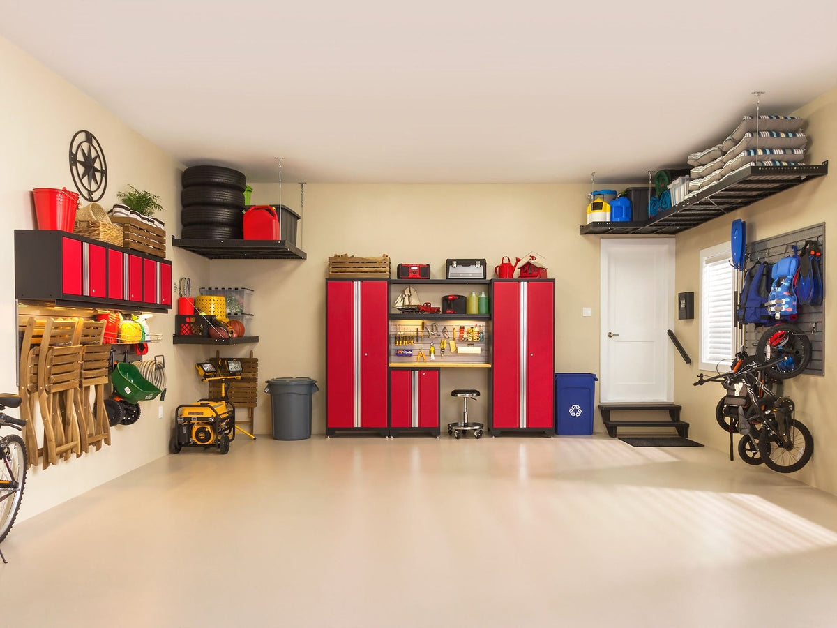 NewAge Bold 3.0 Series All-in-One Lockable Steel Garage Cabinetry Set with Bamboo Top, Black/Red, 48-in x 18-in x 76.75-in, 5-pc