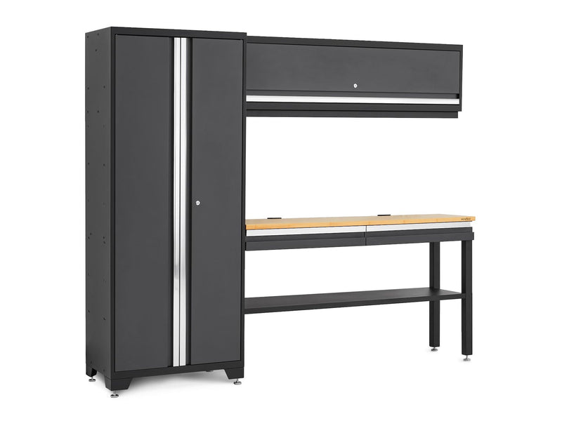 NewAge Bold 3.0 Series All-in-One Lockable Steel Garage Cabinetry Set with Bamboo Top, Grey, 90-in x 18-in x 72-in, 4-pc K6