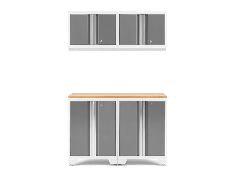 NewAge Bold 3.0 Series All-in-One Lockable Steel Garage Cabinetry Set with Bamboo Top, White/Platinum, 48-in x 18-in x 76.75-in, 5-pc Z9