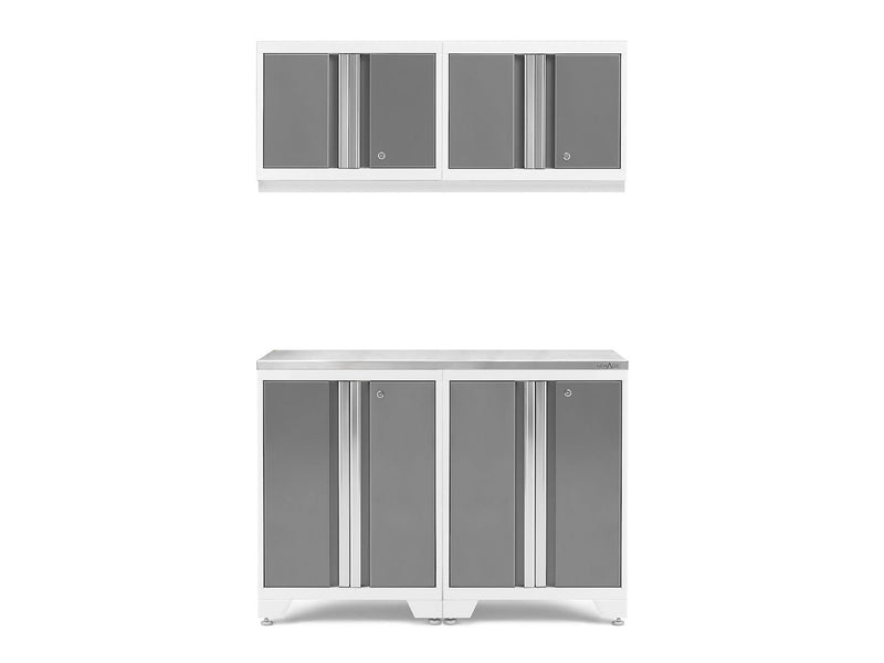 NewAge Bold 3.0 Series All-in-One Lockable Steel Garage Cabinetry Set with Stainless Steel Top, White/Platinum, 48-in x 18-in x 76.75-in, 5-pc O5