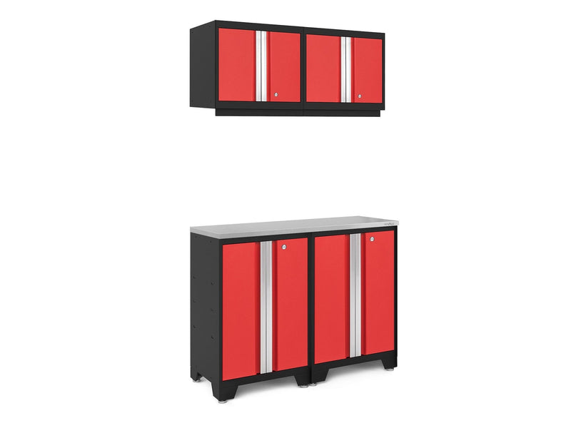 NewAge Bold 3.0 Series All-in-One Lockable Steel Garage Cabinetry Set with Stainless Steel Top, Black/Red, 48-in x 18-in x 76.75-in, 5-pc E0