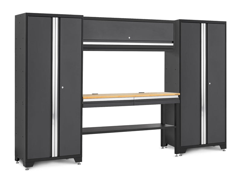 NewAge Bold 3.0 Series Lockable Steel Garage Cabinetry Set with Bamboo Top, Grey, 120-in x 18-in x 72-in, 5-pc A0