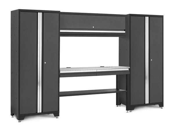 NewAge Bold 3.0 Series Lockable Steel Garage Cabinetry Set with Stainless Steel Top, Grey, 120-in x 18-in x 72-in, 5-pc U3