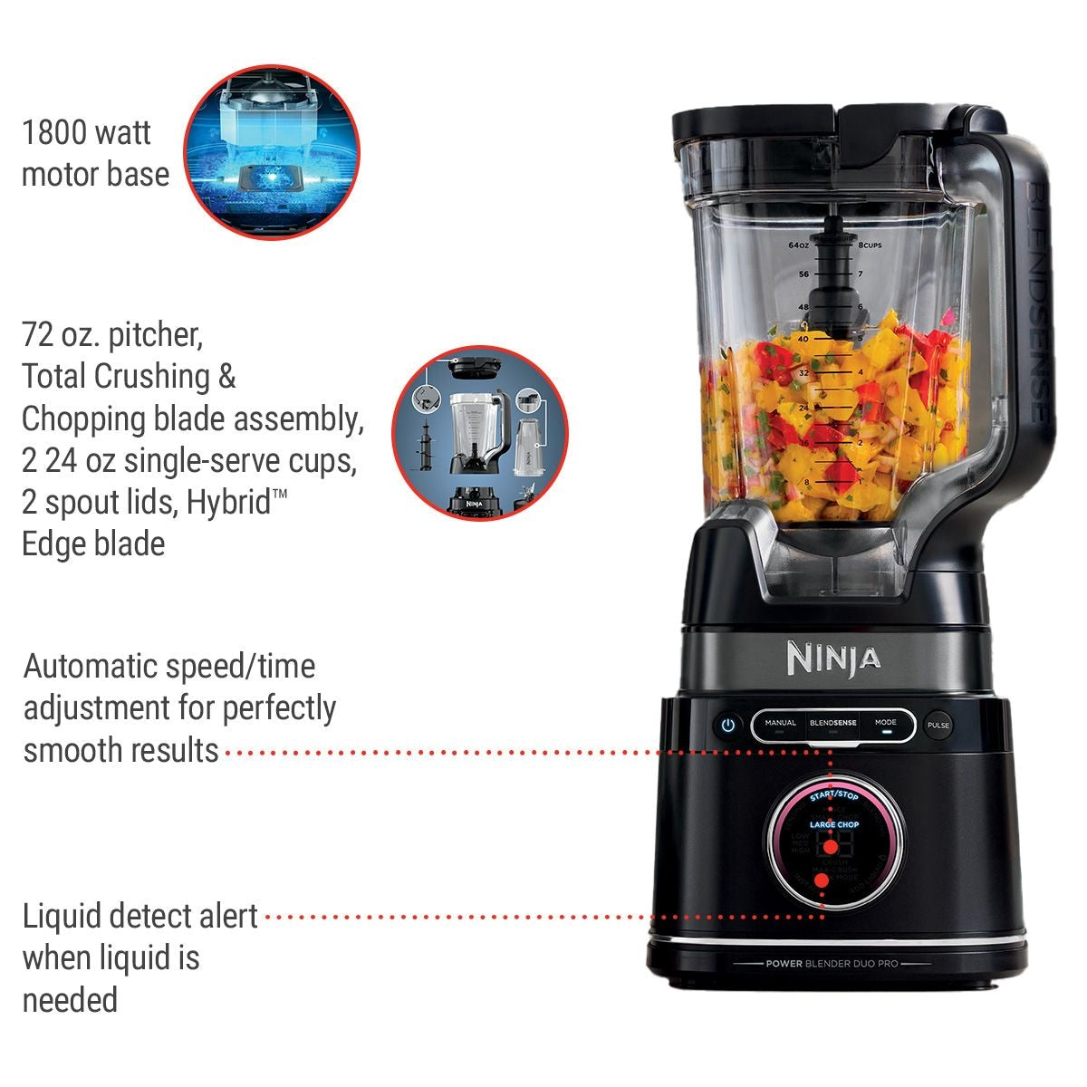 Ninja BlendSense Duo Blender with 72-oz Full-Size Pitcher & Pre-Set Programs, Includes Two 24-oz Single-Serve Cups, 1800W