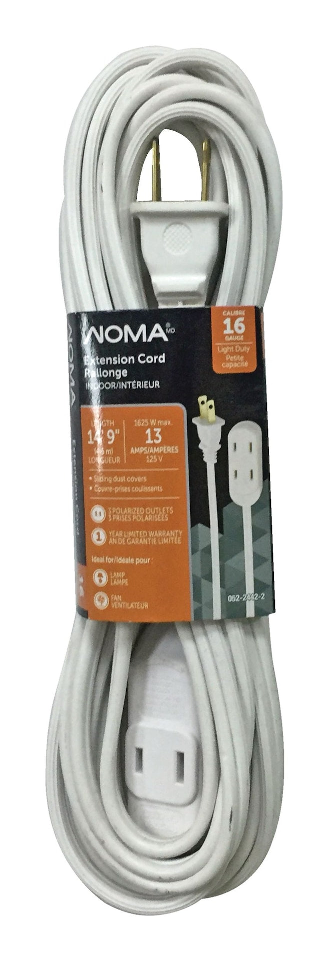 NOMA 14-ft 9-in 16/2 Indoor Extension Cord, Light-Duty, 3 Outlets, White T2