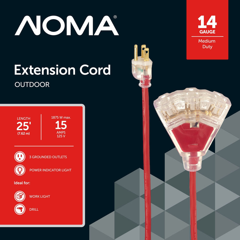 NOMA 14/3 Outdoor Extension Cord with 3 Grounded Outlets & Lighted End, Red U0