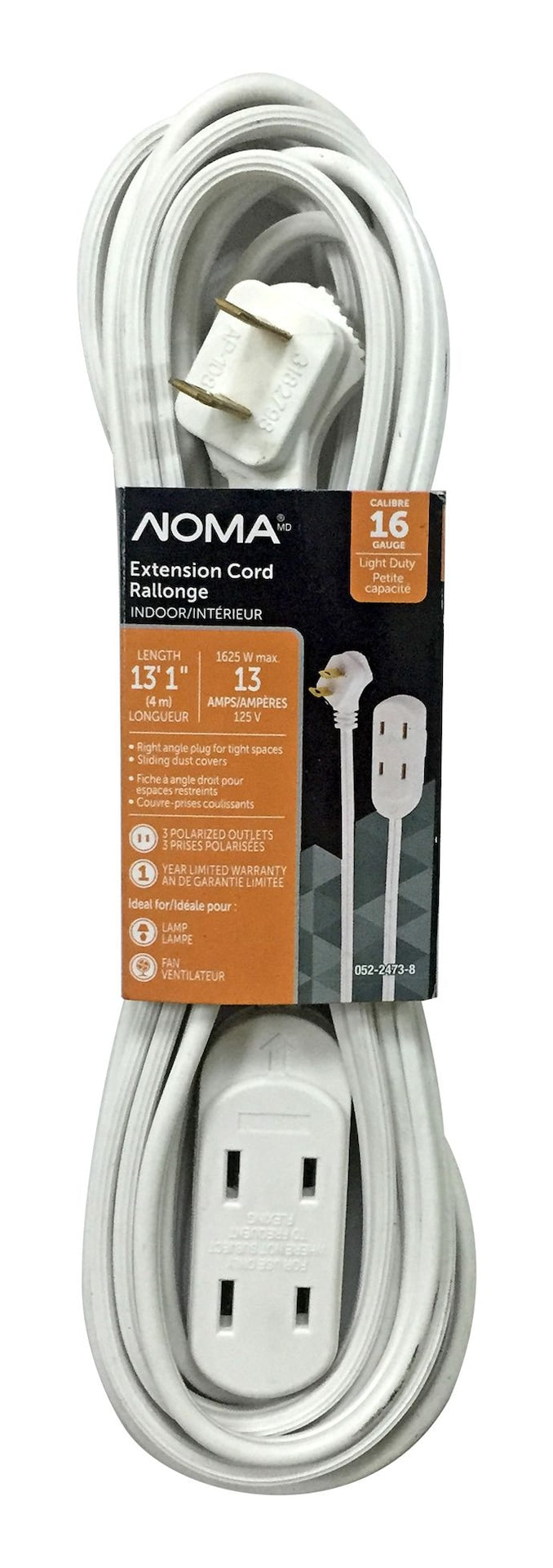 NOMA 15-ft 16/2 Indoor Extension Cord, 3 Outlets, Flat Plug, White Q5