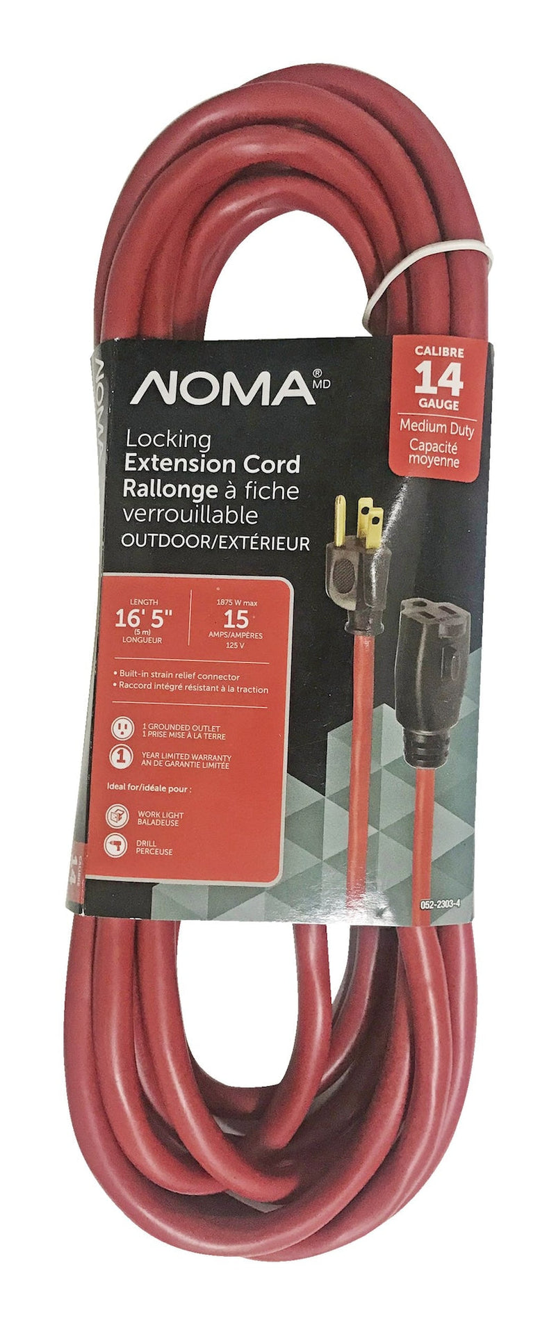 NOMA 16-ft 5-in 14/3 Outdoor Extension Cord with Grounded Outlet and Locking Connector, Red M7