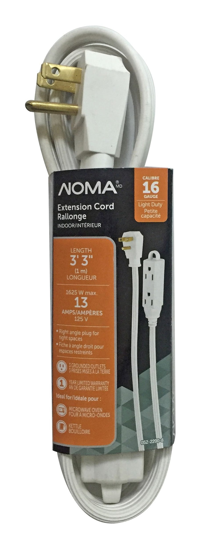 NOMA 3-ft 3-in 16/3 Indoor Extension Cord with Right Angle Plug, 3 Grounded Outlets, White G8