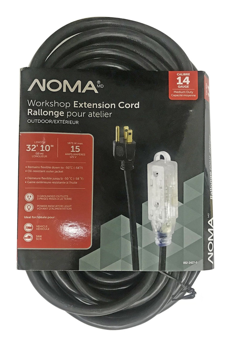 NOMA 32-ft 10-in 14/3 Outdoor Extension Cord with 3 Grounded Outlets and Lighted End, Black D8