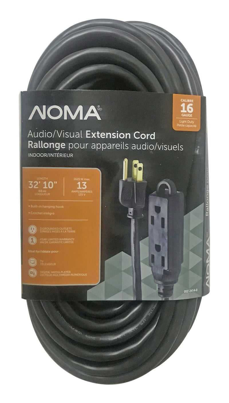 NOMA 32-ft 10-in 16/3 Light Duty Extension Cord with 3 Grounded Outlets. Audio / Visual, Black M6