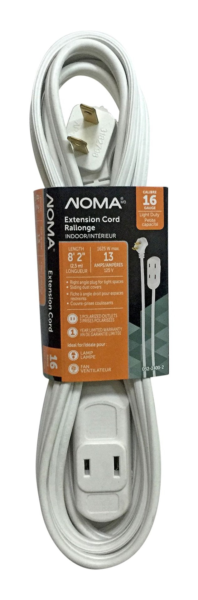 NOMA 8-ft 2-in 16/2 Extension Cord, Flat plug, 3 Outlets, White R0