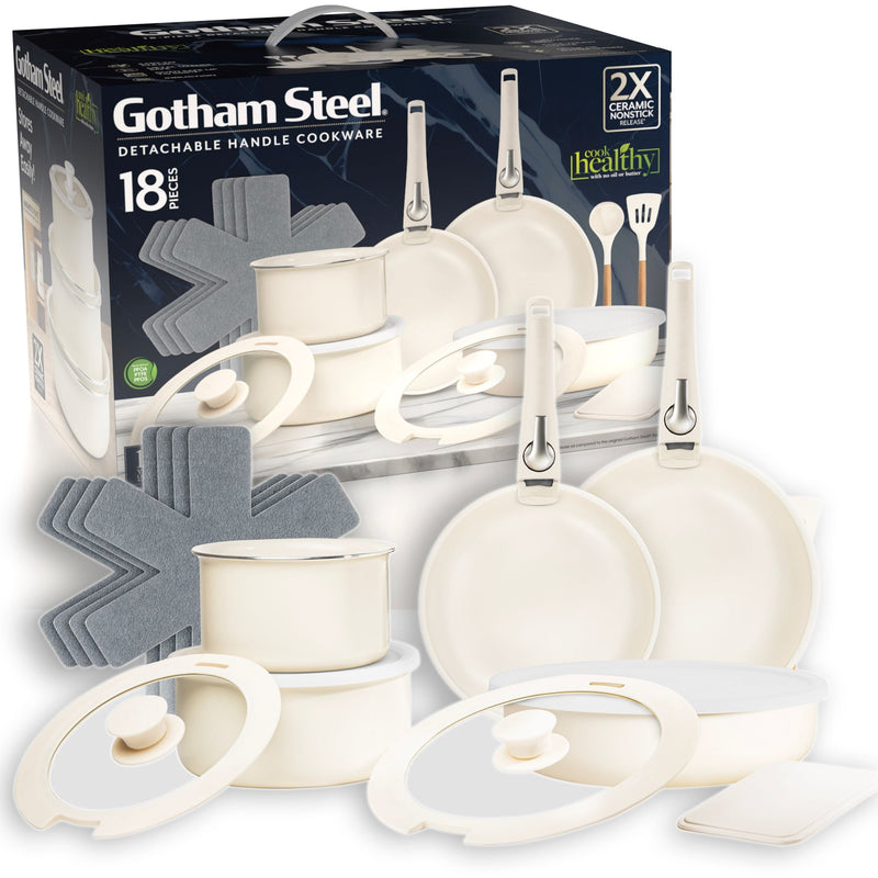 OB Gotham Steel Pots & Pan Set with Removable Handles, Cream, 18-pc H0