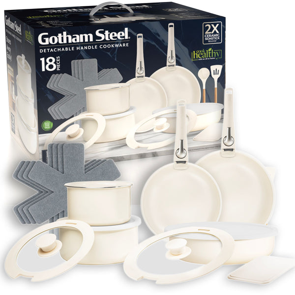 OB Gotham Steel Pots & Pan Set with Removable Handles, Cream, 18-pc D4