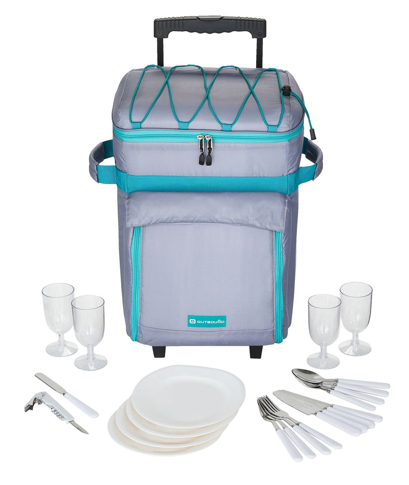 Outbound Wheeled Picnic Cooler with 21-Piece Cutlery/Plate Set, 18-Can W9