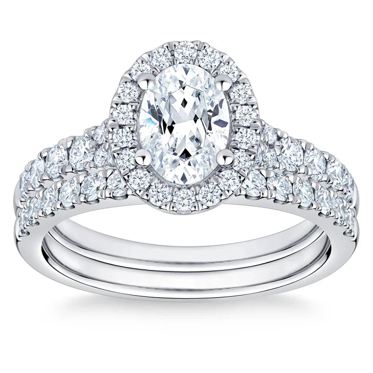Oval Cut and Round Brilliant Diamond Halo Wedding Set (1.85 ctw) V8