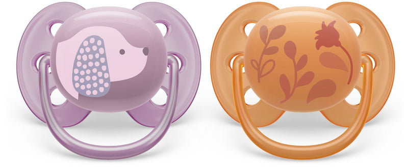 Philips Avent Ultra Soft Pacifier, 6-18 Months, Violet Puppy & Orange Leaves, 2-pk D5